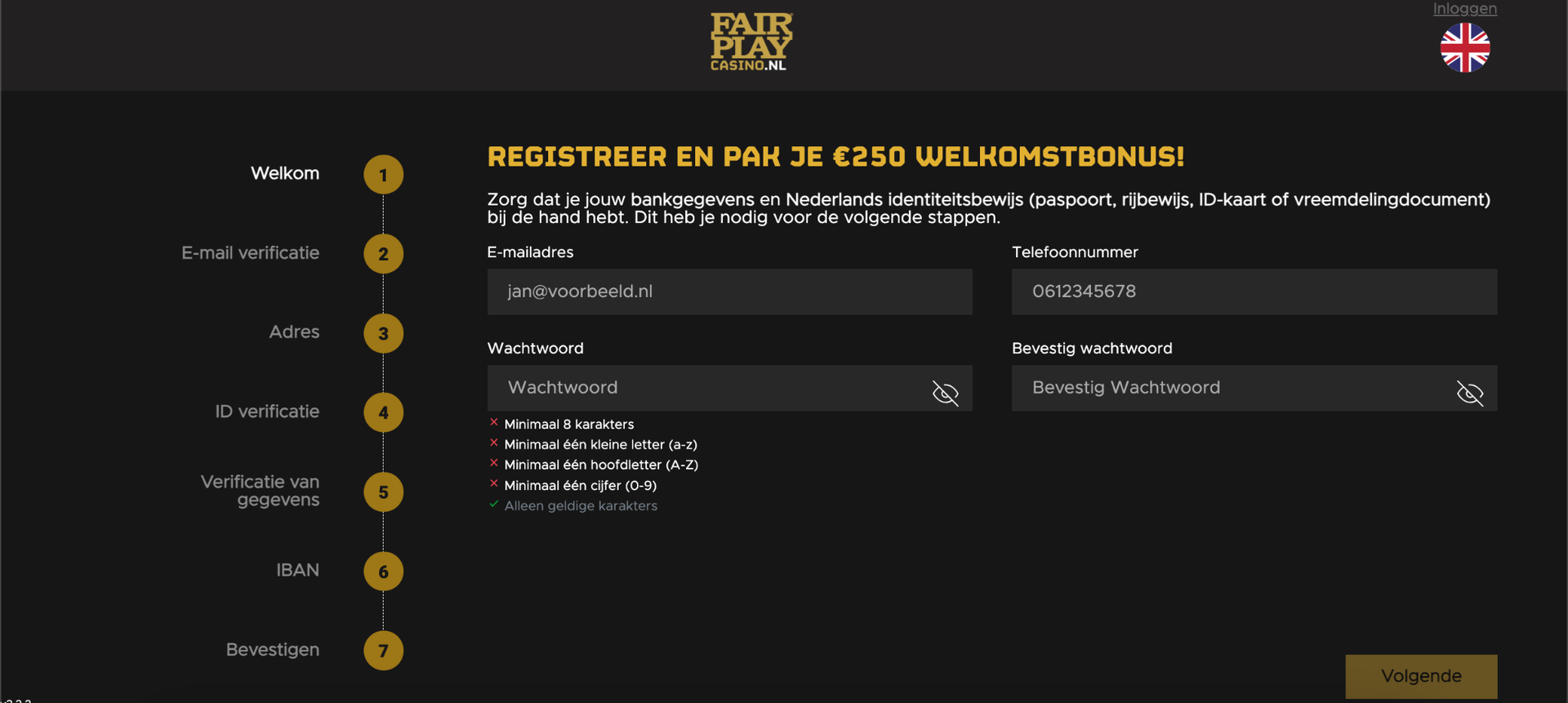Fair Play Casino registratieformulier