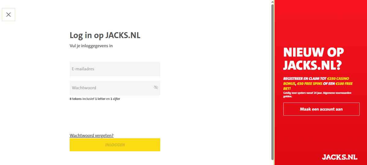 Jack's Casino inlogformulier