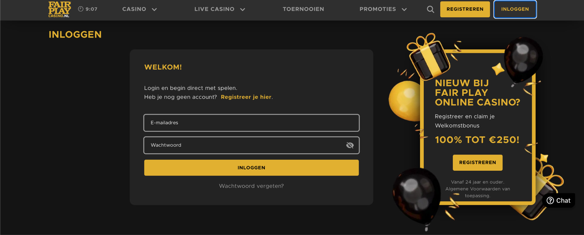 Fair Play Casino inlogformulier